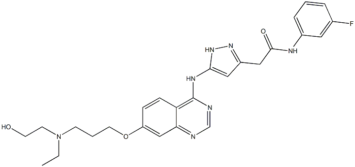 1H-Pyrazole-3-acetamide, 5-[[7-[3-[ethyl(2-hydroxyethyl)amino]propoxy]-4-quinazolinyl]amino]-N-(3-fluorophenyl)- CAS#: 722544-51-6