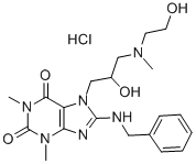 1H-Purine-2,6-dione, 3,7-dihydro-1,3-dimethyl-7-(2-hydroxy-3-((2-hydro xyethyl)methylamino)propyl)-8-((phenylmethyl)amino)-, monohydrochlorid e CAS#: 78721-06-9