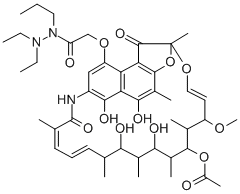 Acetic acid, ((1,2-dihydro-5,6,17,19,21-pentahydroxy-23-methoxy-2,4,12 ,16,18,20,22-heptamethyl-1,11-dioxo-2,7-(epoxypentadeca(1,11,13)trieni mino)naphtho(2,1-b)furan-9-yl)oxy)-, 21-acetate, 2,2-diethyl-1-propylh ydrazide CAS#: 38123-23-8