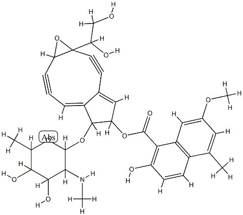 1-Naphthalenecarboxylic acid, 2-hydroxy-7-methoxy-5-methyl-, 2,3,8,9-t etradehydro-6-((2,6-dideoxy-2-(methylamino)-alpha-D-galactopyranosyl)o xy)-1a-(1,2-dihydroxyethyl)-1a,5,6,9a-tetrahydrocyclopenta(5,6)cyclono n(1,2-b)oxiren-5-yl ester CAS#: 79633-17-3