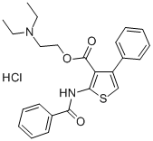 3-Thiophenecarboxylic acid, 2-(benzoylamino)-4-phenyl-, 2-(diethylamin o)ethyl ester, monohydrochloride CAS#: 78033-94-0