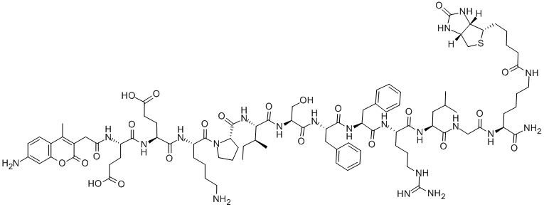 (7-AMINO-4-METHYLCOUMARIN-3-YL)ACETYL-GLU-GLU-LYS-PRO-ILE-SER-PHE-PHE-ARG-LEU-GLY-LYS(BIOTINYL)-NH2 CAS#: 851231-19-1