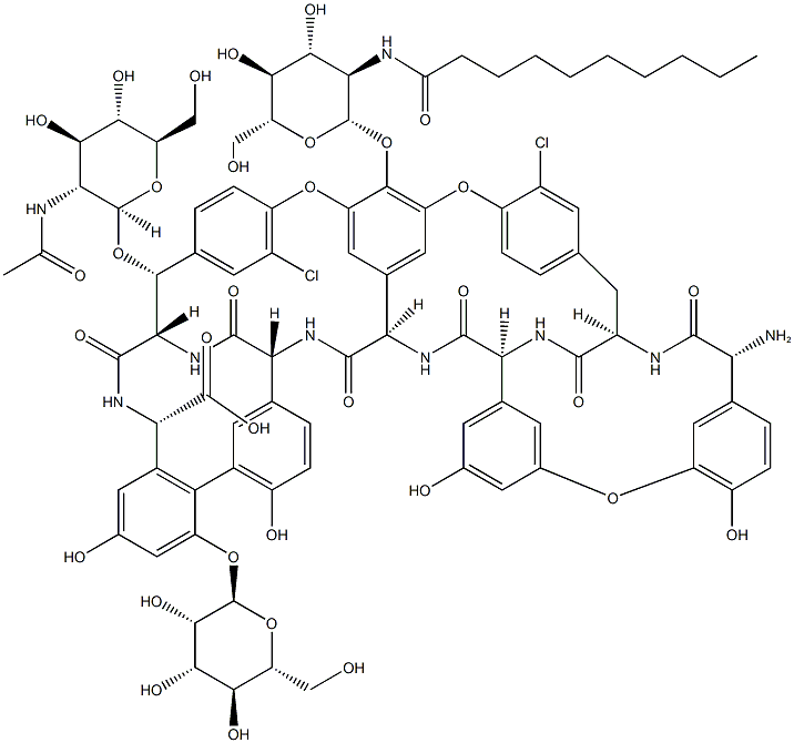 Ristomycin A aglycone, 34-O-2-(acetylamino)-2-deoxy-.beta.-D-glucopyranosyl-22,31-dichloro-7-demethyl-64-O-demethyl-19-deoxy-56-O-2-deoxy-2-(1-oxodecyl)amino-.beta.-D-glucopyranosyl-42-O-.alpha.-D-mannopyranosyl- CAS#: 91032-36-9