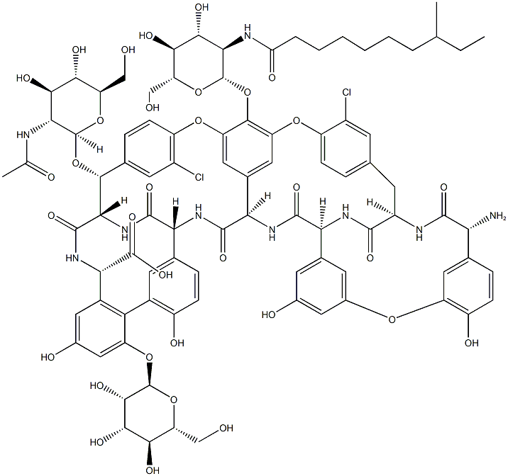Ristomycin A aglycone, 34-O-2-(acetylamino)-2-deoxy-.beta.-D-glucopyranosyl-22,31-dichloro-7-demethyl-64-O-demethyl-19-deoxy-56-O-2-deoxy-2-(8-methyl-1-oxodecyl)amino-.beta.-D-glucopyranosyl-42-O-.alpha.-D-mannopyranosyl- CAS#: 91032-37-0