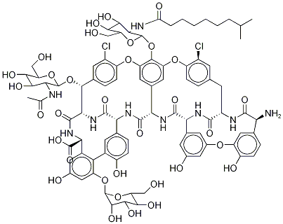 Ristomycin A aglycone, 34-O-2-(acetylamino)-2-deoxy-.beta.-D-glucopyranosyl-22,31-dichloro-7-demethyl-64-O-demethyl-19-deoxy-56-O-2-deoxy-2-(8-methyl-1-oxononyl)amino-.beta.-D-glucopyranosyl-42-O-.alpha.-D-mannopyranosyl- CAS#: 91032-26-7