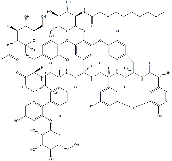 Ristomycin A aglycone, 34-O-2-(acetylamino)-2-deoxy-.beta.-D-glucopyranosyl-22,31-dichloro-7-demethyl-64-O-demethyl-19-deoxy-56-O-2-deoxy-2-(9-methyl-1-oxodecyl)amino-.beta.-D-glucopyranosyl-42-O-.alpha.-D-mannopyranosyl- CAS#: 91032-38-1
