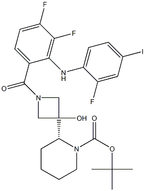 1-Piperidinecarboxylic acid, 2-[1-[3,4-difluoro-2-[(2-fluoro-4-iodophenyl)aMino]benzoyl]-3-hydroxy-3-azetidinyl]-, 1,1-diMethylethyl ester, (2R)- CAS#: 934665-56-2
