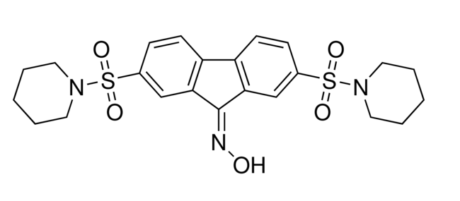 Struttura di CIL56 (CA3, 2,7-bis(1-piperidinilsulfonil)-9H-fluoren-9-one, ossima) CAS 300802-28-2