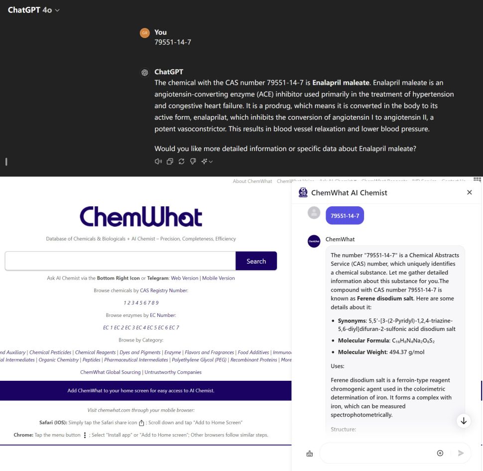 The different results when searching the same keywords using ChatGPT 4o and ChemWhat AI Chemist